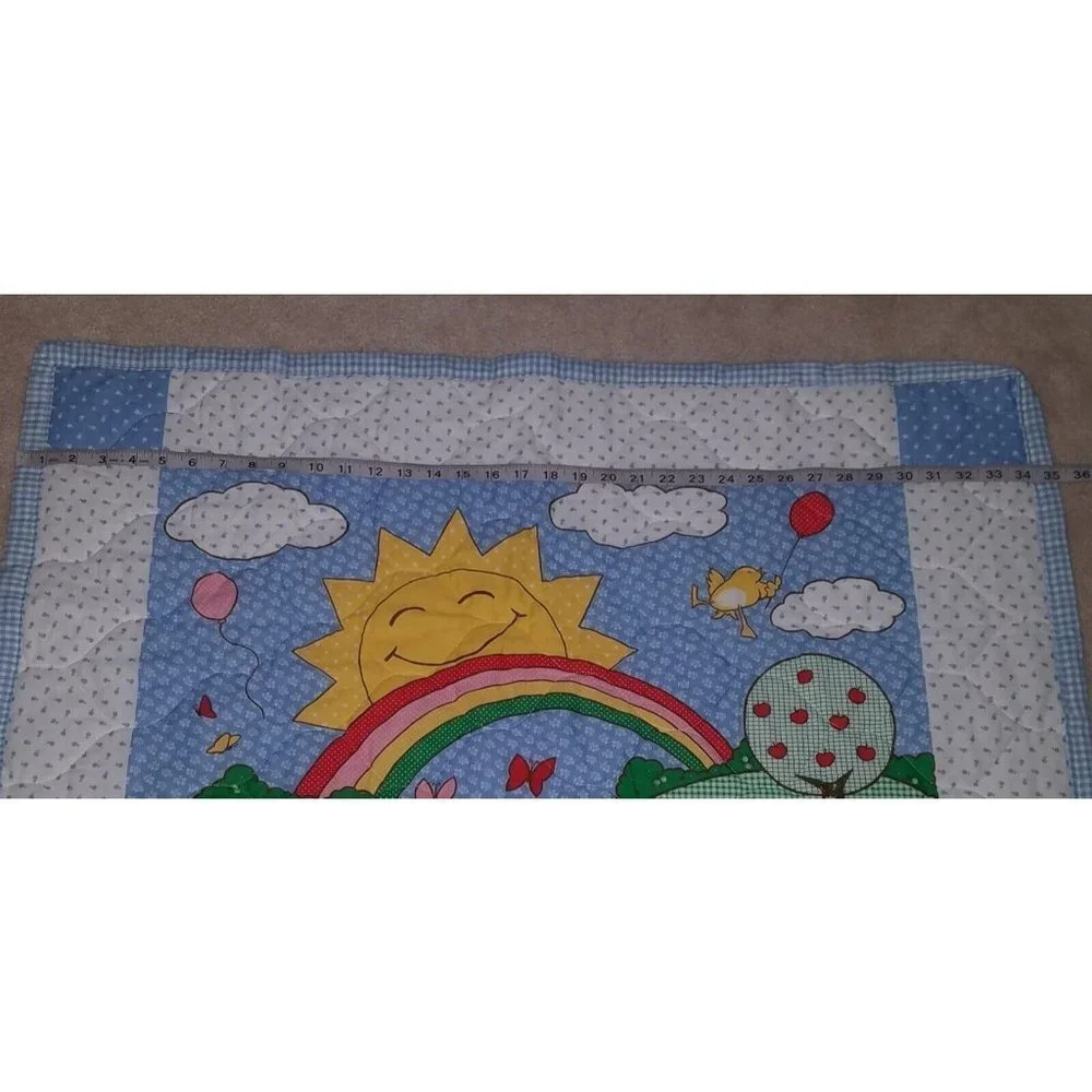 VTG Old McDonald Baby Blanket Quilt Throw Blue White Gingham Sun Rainbow Balloon